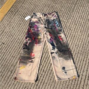 Acne Cream Cargo Jeans Overalls with Multicolor Paint Splatter